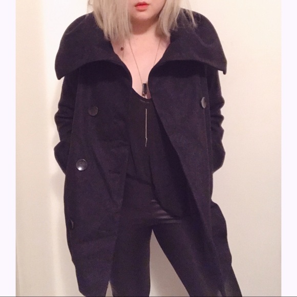 Dark Gray Charcoal Wool Blend Cowl Neck Coat - Picture 2 of 8